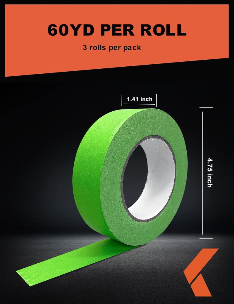 KREFINISH Painters Tape for Cars - Green, No Residue, Automotive Masking Tape - Heat Resistant for Paint Booth, 1.4 Inches x 60 Yards, 3 Rolls - Image 2